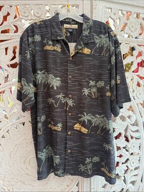 Tommy Bahama Teal Blue Black Tan Palm Tree Beach Hut Print Silk Hawaiian Shirt